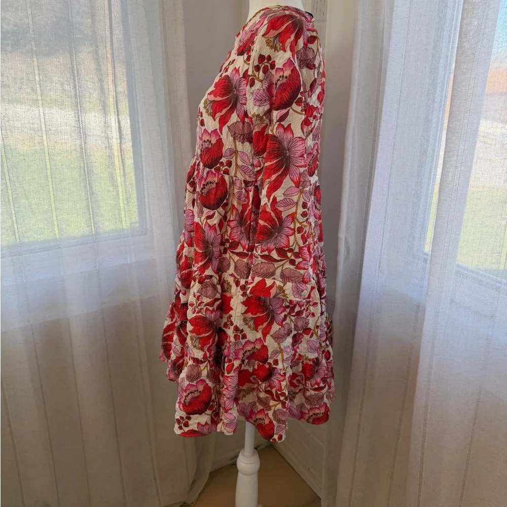 Zara Red and Pink Floral Tiered Mini Dress - Picture 4 of 6